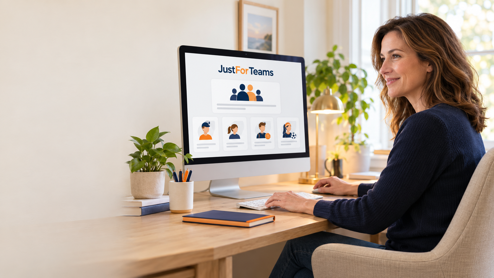 A smiling person comfortably using JustForTeams at a desk.